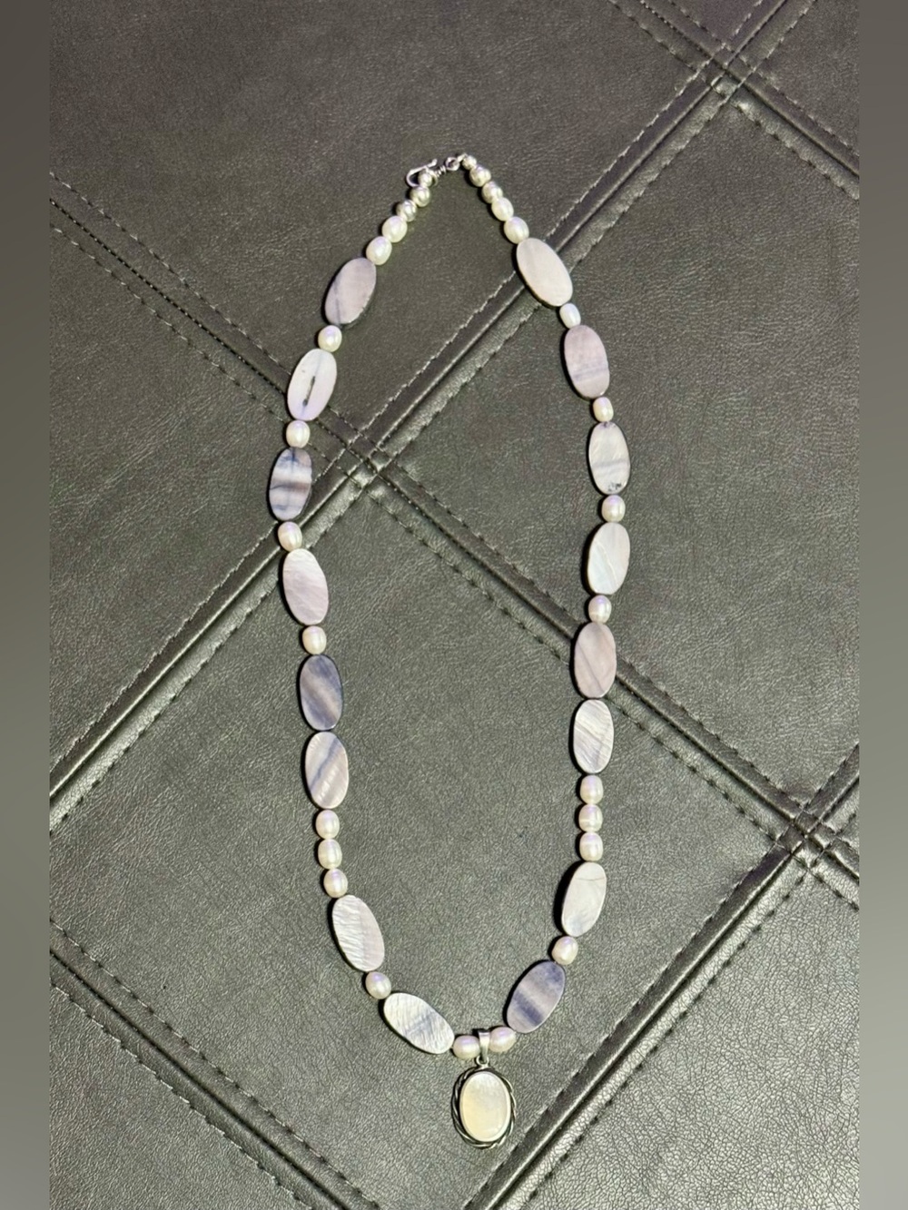 Handmade Mother-of-Pearl Beaded Necklace in Soft Gray w/Mother of Pearl Pendant